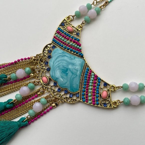 Women Necklace Statement Blue Turqouise/Gold Tone Fashion Jewrlry New - Picture 11 of 11